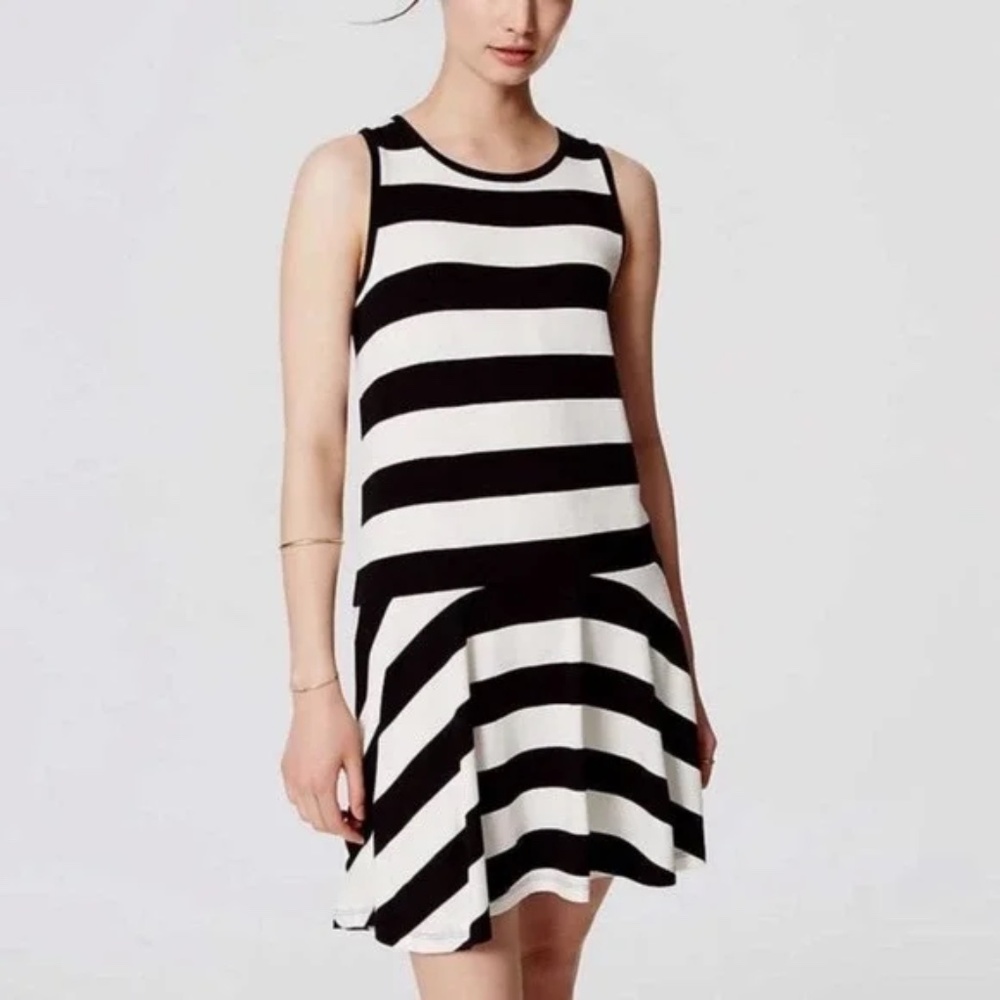 Ann Taylor Loft Black and White Striped Fit Flare Mini Dress - Size XS Petite - Picture 4 of 7